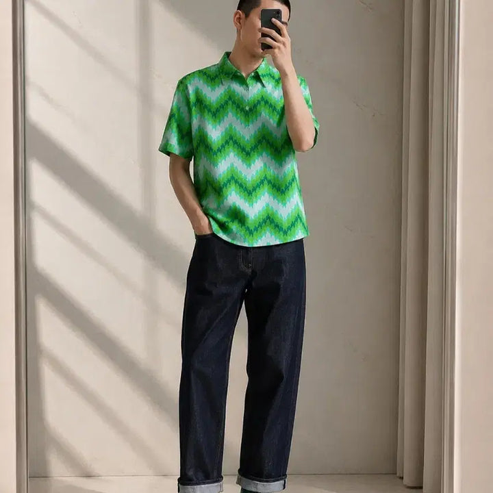 [BUNJANG] Vonex Vintage Zigzag Pattern Short Sleeve Shirt M (95) / (정품/새상품) Vonex 빈티지 패턴 반팔 셔츠 / M (95)