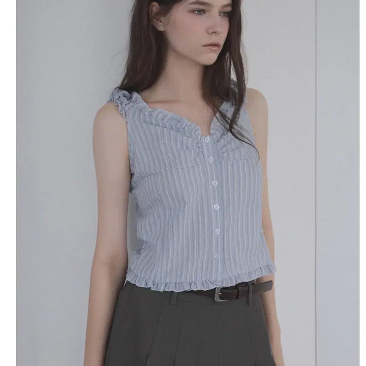 [BUNJANG] Twieve Ruahrd Frill Stripe Two-Way Blouse / 트위 루하드 프릴 스트라이프 투웨이 블라우스