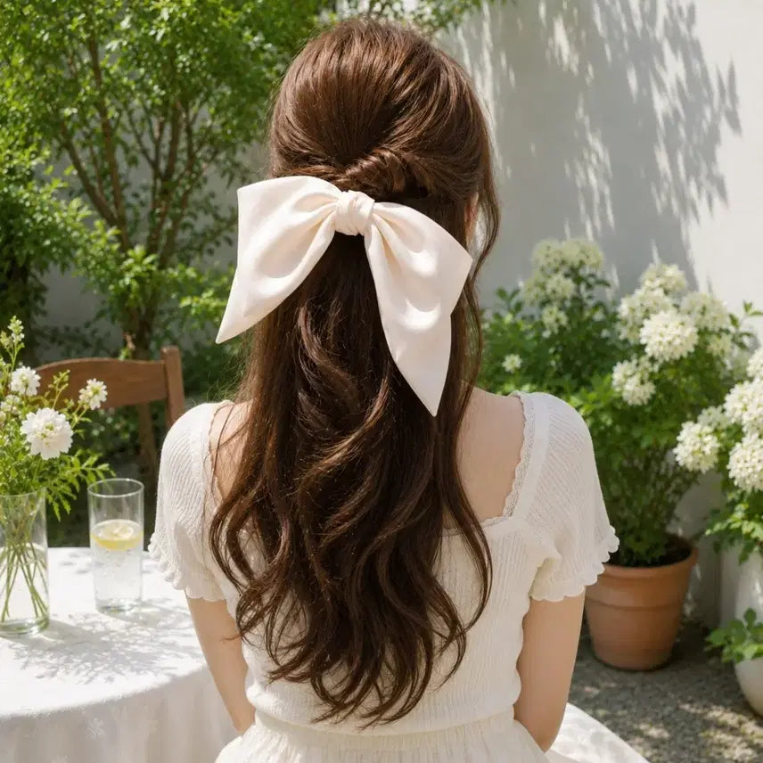 [BUNJANG] Maxi Silk Satin Ribbon Automatic Hair Clip (Ivory/Black) / 실물여신,빅 리본 실크 공단 반묶음 자동핀 헤어핀 (2color)