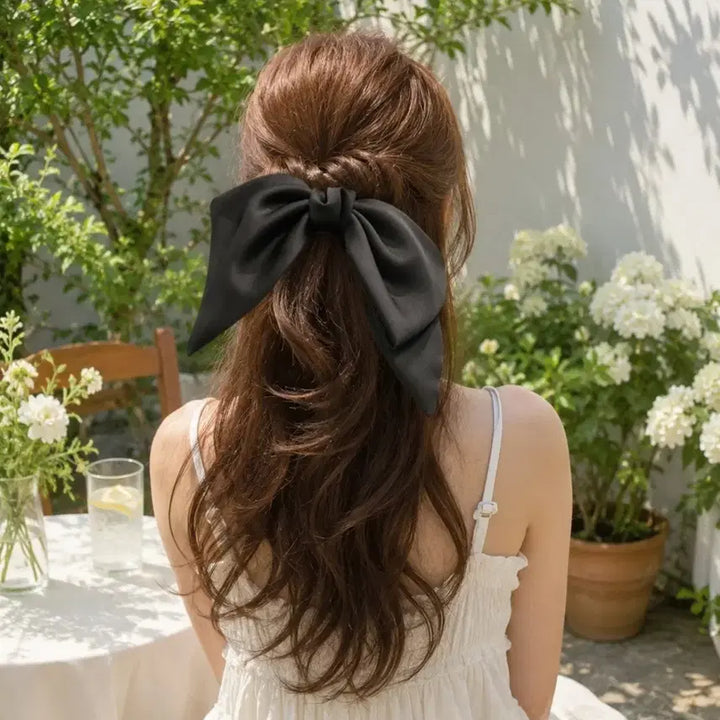 [BUNJANG] Maxi Silk Satin Ribbon Automatic Hair Clip (Ivory/Black) / 실물여신,빅 리본 실크 공단 반묶음 자동핀 헤어핀 (2color)
