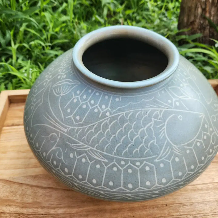 [BUNJANG] Celadon Porcelain Fish Motif Vase / 분청도자기  주판알 어문호
