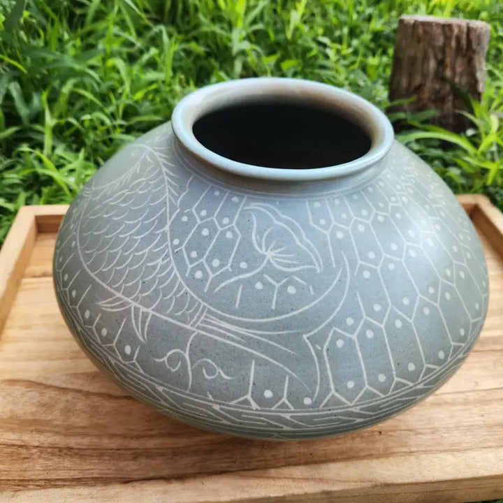 [BUNJANG] Celadon Porcelain Fish Motif Vase / 분청도자기  주판알 어문호