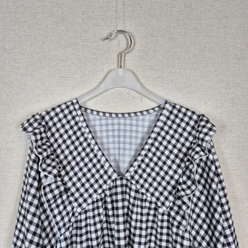 [BUNJANG] Plus Size Check Frill V-Neck Long Dress / (