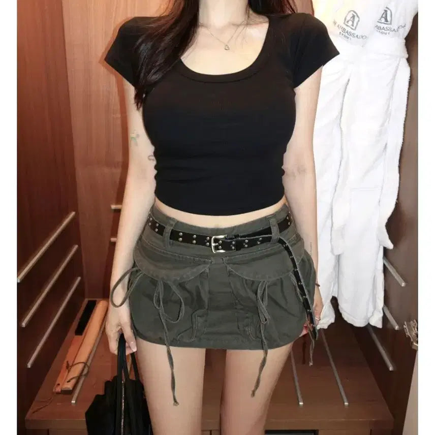 [BUNJANG] Hypnotic Ribbed U-Neck Cropped Short Sleeve T-Shirt Black / 히프나틱 골지 유넥 크롭 반팔 티셔츠 블랙