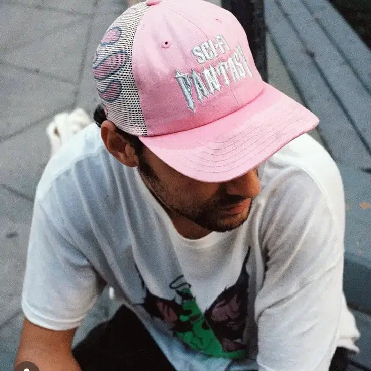 [BUNJANG] SCI-FI FANTASY Pink Flame Mesh Trucker Cap / SCI-FI FANTASY 바이커 로고 핑크 플레임 메쉬 트러커 캡