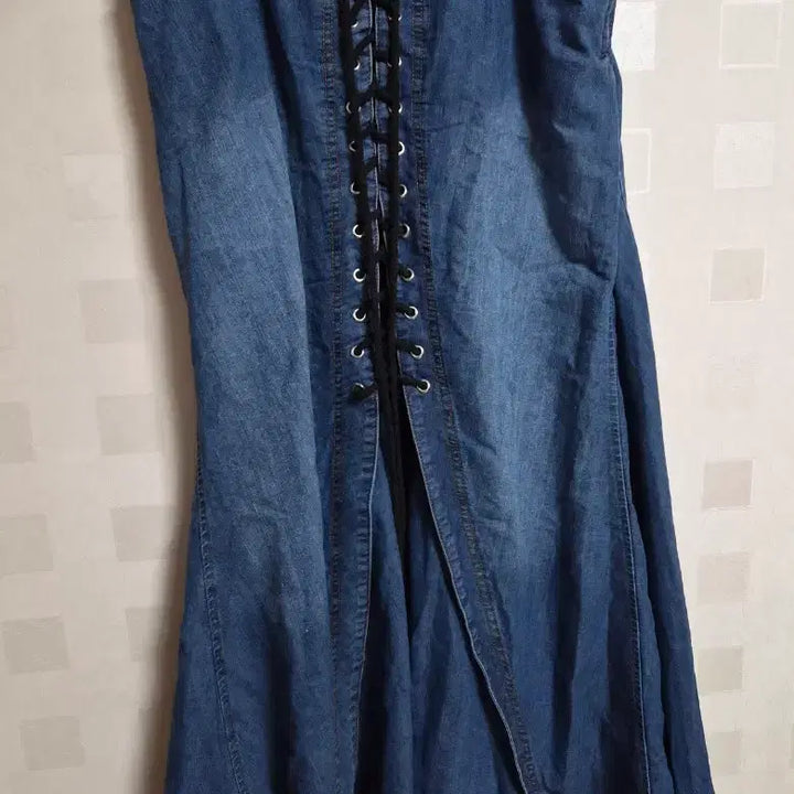 [BUNJANG] Vintage Mori Girl Style Washed Denim Long Skirt with Eyelet Lacing / 빈티지 모리걸 하구미 바선생 아일렛 끈 워싱 데님 청 롱 스커트