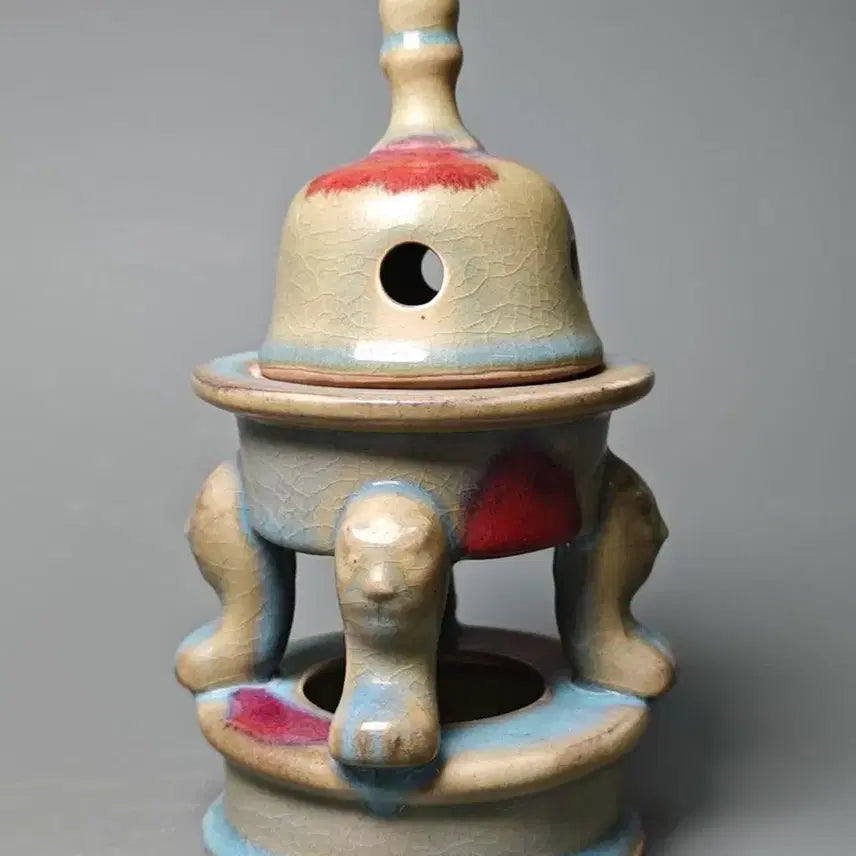 [BUNJANG] Chinese Celadon Porcelain Tripod Incense Burner with Lid / 군요 삼족받침 개공개연 향로 중국도자기 도자기 골동품 고미술품