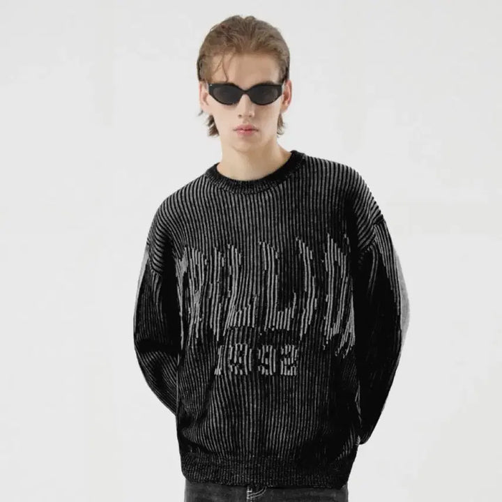 [BUNJANG] Trillion Washable Two-tone Crewneck Graphic Knit Black / 트릴리온 워셔블 투톤 크루넥 그래픽 니트 블랙