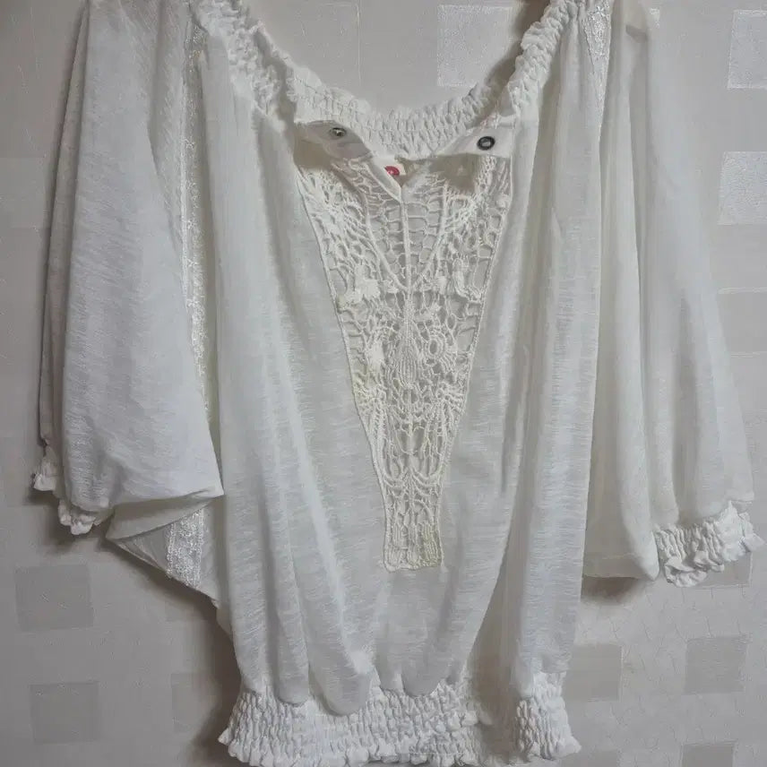 [BUNJANG] Vintage Mori Girl White Crochet Lace Short Sleeve Blouse / 빈티지 모리걸 하구미 페어리 화이트 크로셰 케이프 레이스 반팔 블라우스