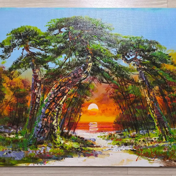 [BUNJANG] Yoon Kyung Sik "Pine Forest Sunrise" Oil Painting (Size 10) / 소나무 숲과 일출 그림