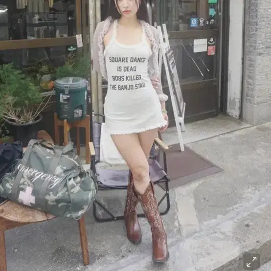 [BUNJANG] Sculptor Acid Palm Mini Dress White Frill Printing Sleeveless / 스컬프터 애시드 팜 미니 드레스 원피스 화이트 프릴 프린팅 슬리브리스나시