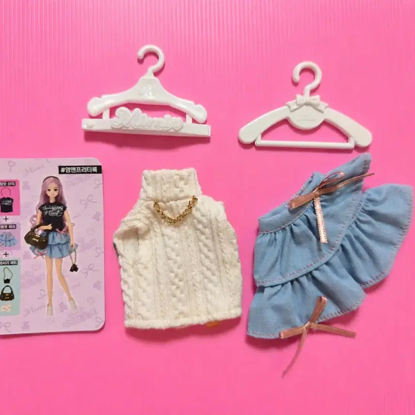 [BUNJANG] Mimi Doll Clothes Set - Ivory Knit and Sky Blue Frill Dress / 새것/미미 인형옷 세트