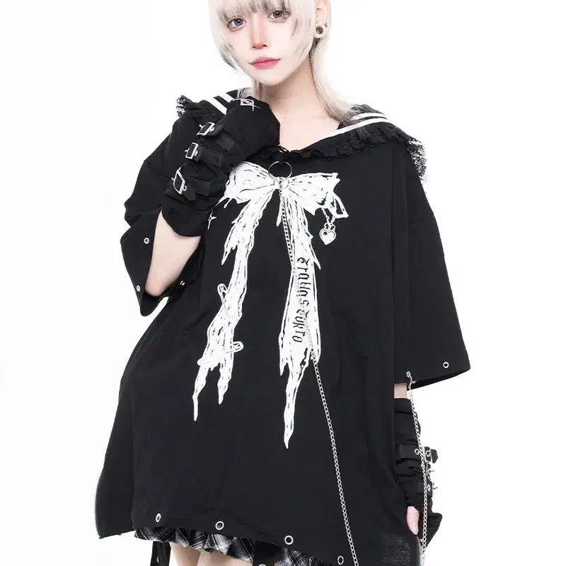 [BUNJANG] TRAVAS TOKYO Lace Sailor Collar Chain Big Short Sleeve T-Shirt / TRAVAS TOKYO 트라바스 도쿄 레이스 세일러 카라 체인 빅 반팔