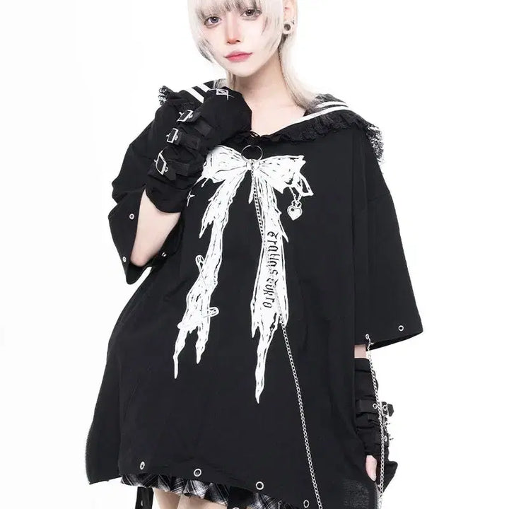 [BUNJANG] TRAVAS TOKYO Lace Sailor Collar Chain Big Short Sleeve T-Shirt / TRAVAS TOKYO 트라바스 도쿄 레이스 세일러 카라 체인 빅 반팔