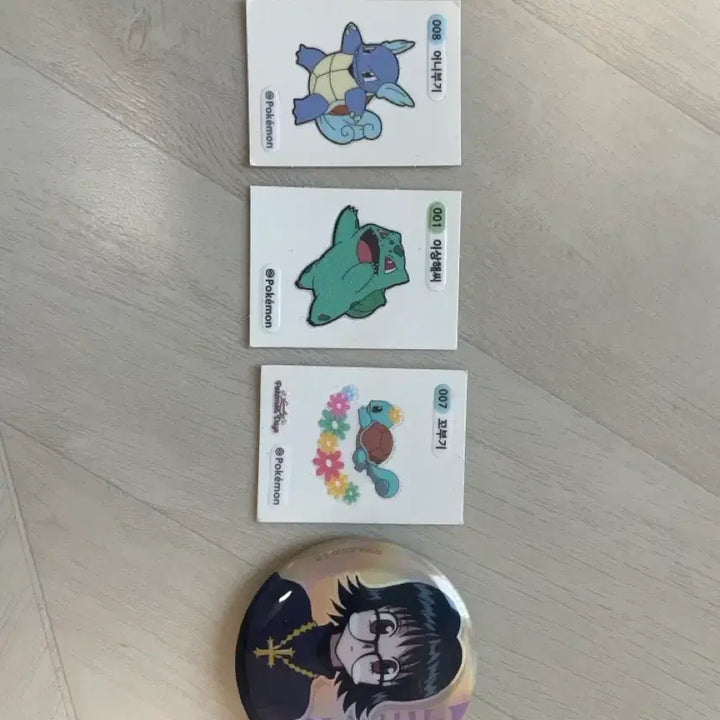 [BUNJANG] Pokemon Cards (Squirtle, Wartortle, Bulbasaur) &amp; Hunter x Hunter Shizuku Badge Bundle / 포켓몬 카드 꼬부기/어니부기/이상해씨 + 헌터x헌터 시즈크 뱃지