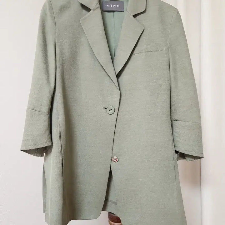 [BUNJANG] MINE 21SS Sage Green Linen Blend Long Jacket / [드라이완료]한섬 마인 MINE 21SS 세이지그린 린넨혼방 롱자켓 55