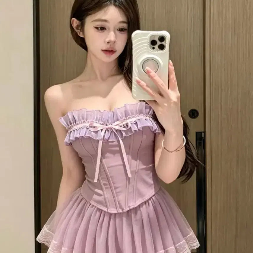[BUNJANG] High-Quality Imported Ribbon Frill Tube Top / 수입의류 고퀄리티 리본프릴 튜브탑