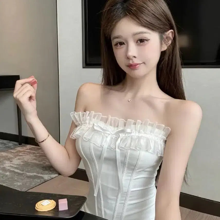 [BUNJANG] High-Quality Imported Ribbon Frill Tube Top / 수입의류 고퀄리티 리본프릴 튜브탑