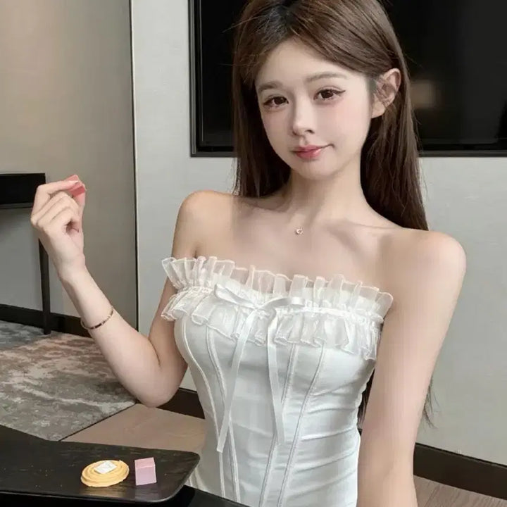 [BUNJANG] High-Quality Imported Ribbon Frill Tube Top / 수입의류 고퀄리티 리본프릴 튜브탑
