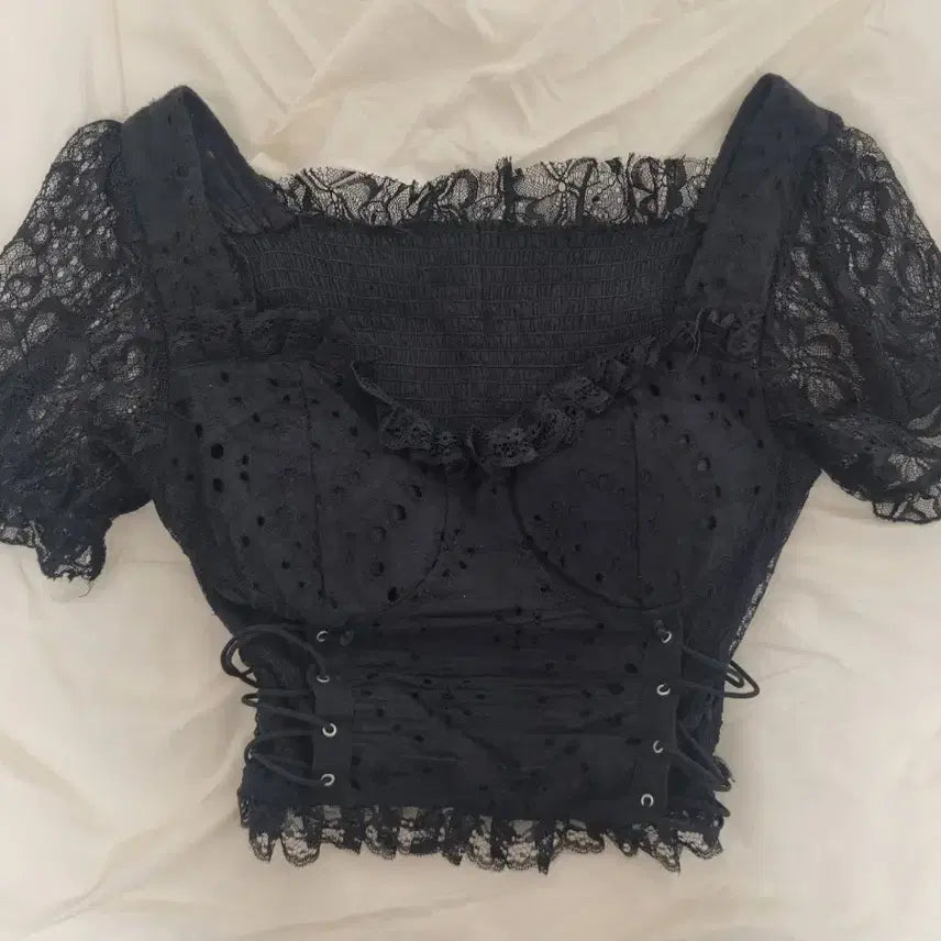 [BUNJANG] Black Corset Puff Sleeve Blouse / 블랙 코르셋 퍼프 블라우스