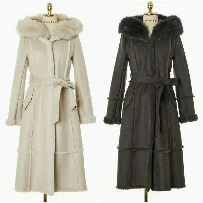 [BUNJANG] Egoist Saga Fox Fur Hood Long Mustang Light Beige / 에고이스트 사가폭스퍼후드 롱 무스탕 55 라이트베이지