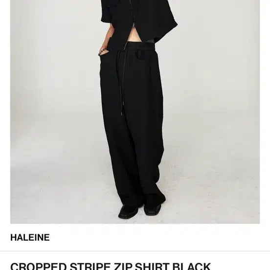 [BUNJANG] Haleine Cropped Stripe Zip-Up Shirt Black / HALEINE  알렌느 크롭 스트라이프 집업 셔츠 블랙