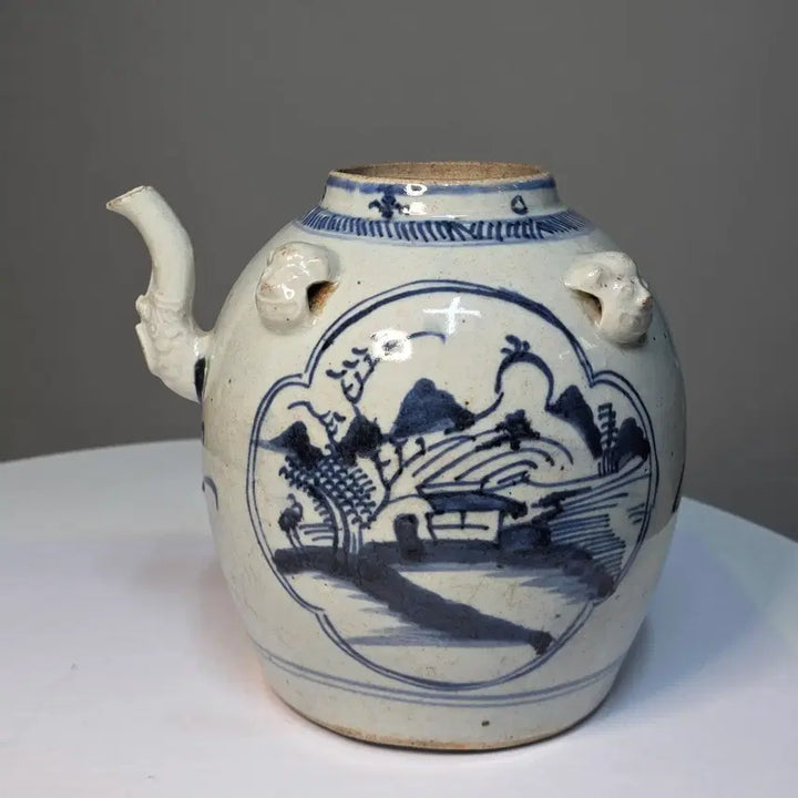 [BUNJANG] Joseon Dynasty White Porcelain Jar with Beast Mask Handles and Landscape Painting / 백자 사수면계 청화개광산수문 호