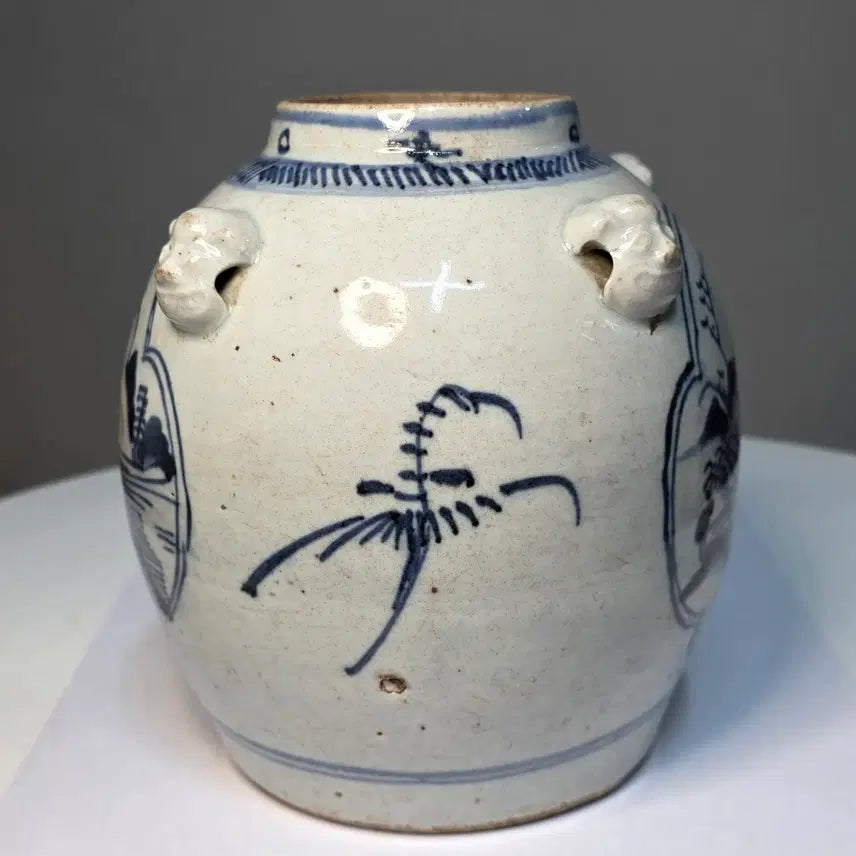 [BUNJANG] Joseon Dynasty White Porcelain Jar with Beast Mask Handles and Landscape Painting / 백자 사수면계 청화개광산수문 호
