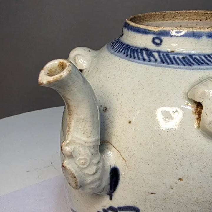 [BUNJANG] Joseon Dynasty White Porcelain Jar with Beast Mask Handles and Landscape Painting / 백자 사수면계 청화개광산수문 호