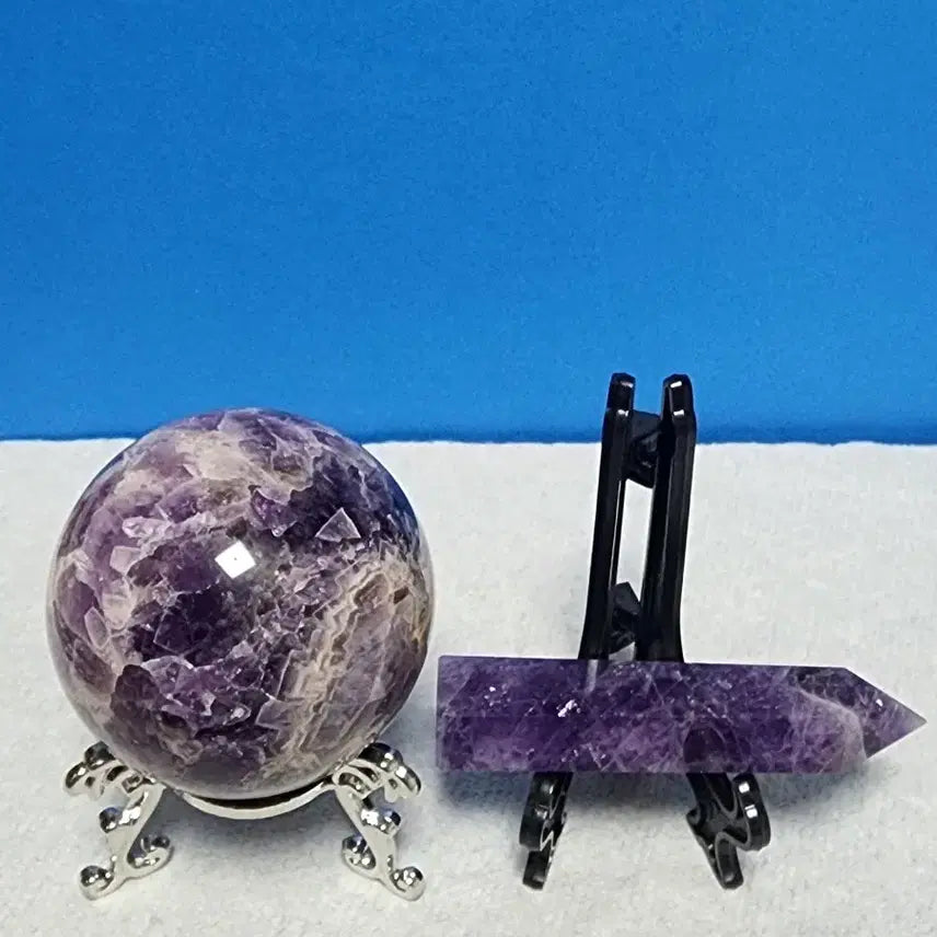 [BUNJANG] Natural Amethyst Sphere &amp; Obelisk Set with Stand / 천연 자수정 구체+오벨리스크 세트+받침대포함