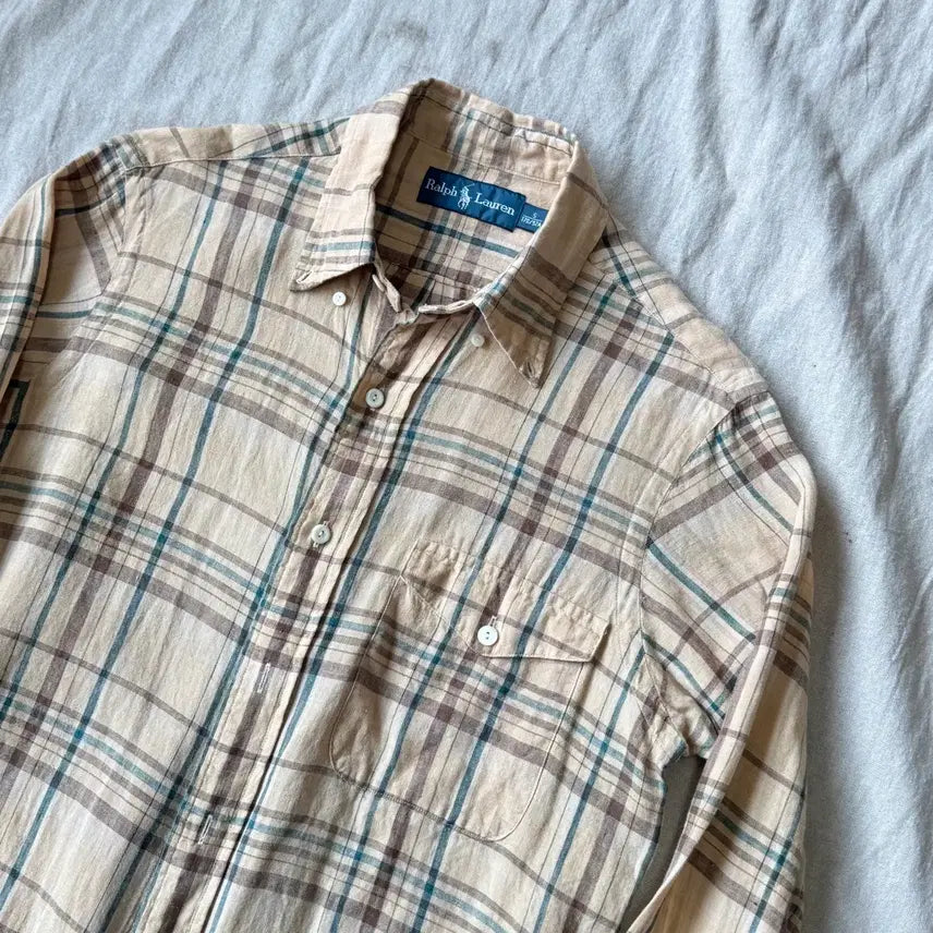 [BUNJANG] Polo Ralph Lauren Linen Beige Check Shirt S / 폴로랄프로렌 린넨 베이지 체크셔츠 S