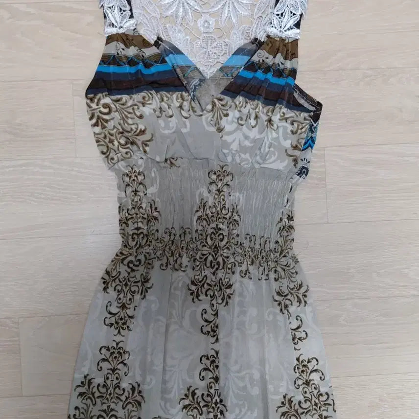 [BUNJANG] Bohemia Ethnic Lace See-through Shirring Beach Maxi Dress / 보헤미아 에스닉 레이스 시스루 셔링 해변 롱원피스