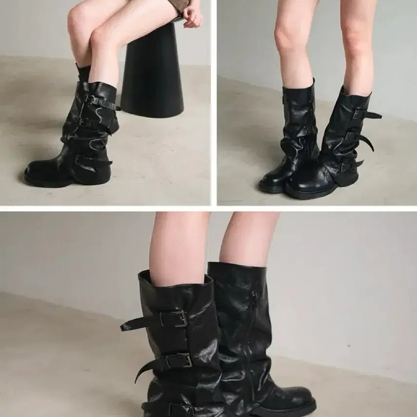 [BUNJANG] Belt Buckle Shirring Wedge Heel Mid Boots / 벨트 버클 셔링 워머 통굽 미들 부츠