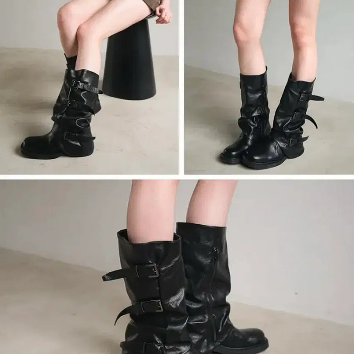 [BUNJANG] Belt Buckle Shirring Wedge Heel Mid Boots / 벨트 버클 셔링 워머 통굽 미들 부츠