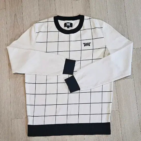[BUNJANG] PXG Checkered Long Sleeve Knit White / PXG 격자 무늬 긴팔 니트 화이트 95. 가슴단면 50