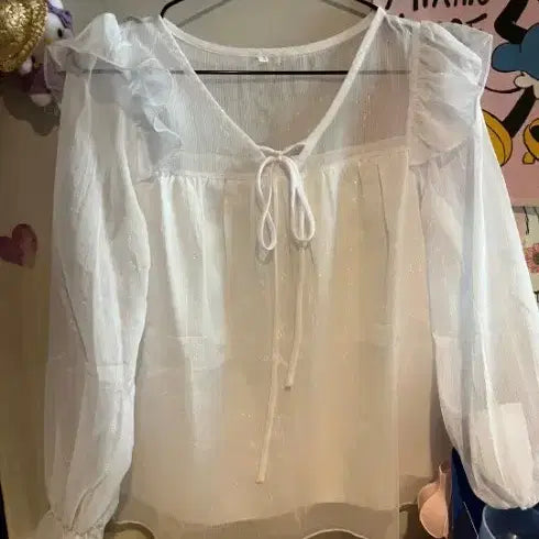 [BUNJANG] Chiffon Blouse with Frills and Puff Sleeves - White / 쉬폰 블라우스 프릴 퍼프소매 화이트 새거
