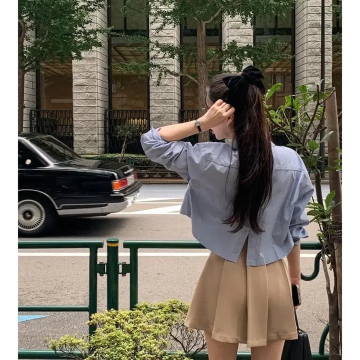 [BUNJANG] Cotton Cropped Shirt - Blue / 코튼 뒤트임 크롭 셔츠 블루