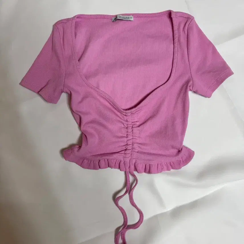 [BUNJANG] Zara Shirring Short Sleeve Cropped T-Shirt Pink / 자라) 셔링 반팔 크롭 티셔츠 (새상품)