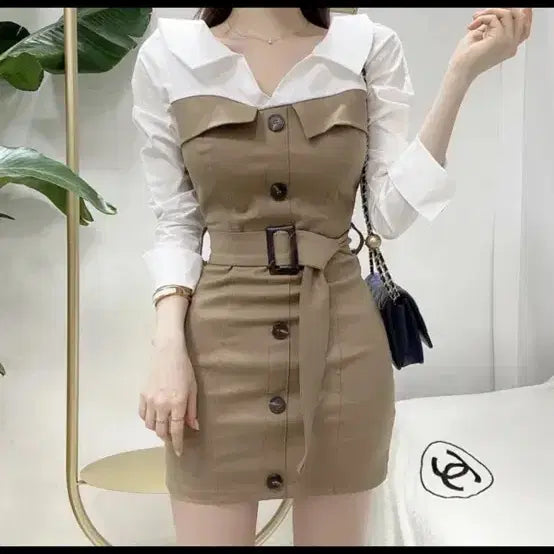 [BUNJANG] Khaki Color Block Shirt Dress / 카키 배색 셔츠 원피스