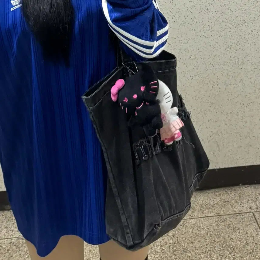 [BUNJANG] Matinkim Logo Washed Denim Tote Bag Black / 마뗑킴 로고 에코백 워시드 데님 토트백 블랙