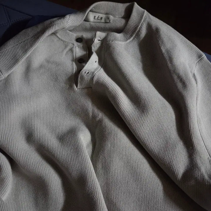 [BUNJANG] ECR Henry Neck Knit Short Sleeve T-Shirt - Grey / ECR 헨리넥 니트 반팔  그레이