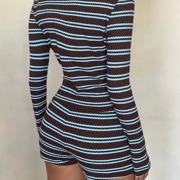[BUNJANG] Ribbed Stripe Two-Piece Set Brown/Blue / 골지 스트라이프 투피스 브라운블루