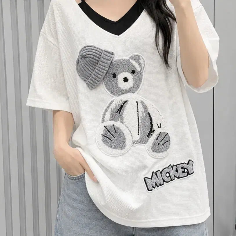 [BUNJANG] Waffle Mickey Bear Short Sleeve T-Shirt / 새상품 와플 미키곰돌 반팔 티셔츠