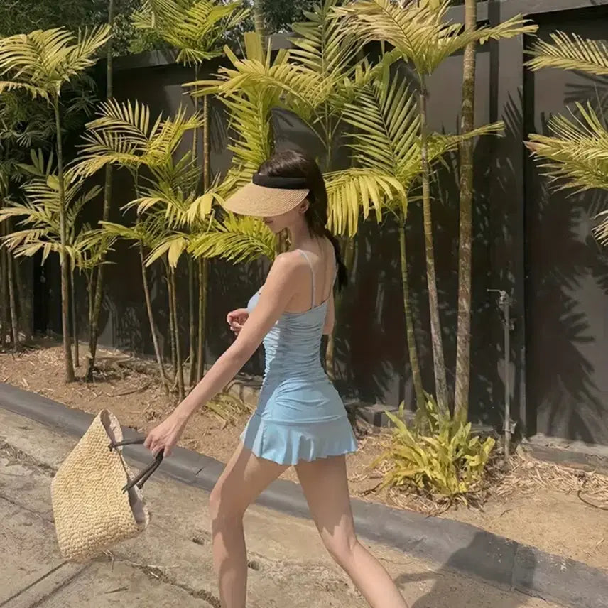 [BUNJANG] Sky Blue Shirred Twist One-Piece Swimsuit / 하늘색 셔링 꼬임 원피스수영복 여름 비치 비키니 휴양지룩 체형커버66