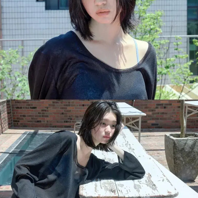 [BUNJANG] Low Classic Sheer Linen Blend Deep U-Neck Sweater Black / 로우클래식 LC - 시어 린넨 블랜드 딥 유 넥 스웨터 (블랙 M사이즈)