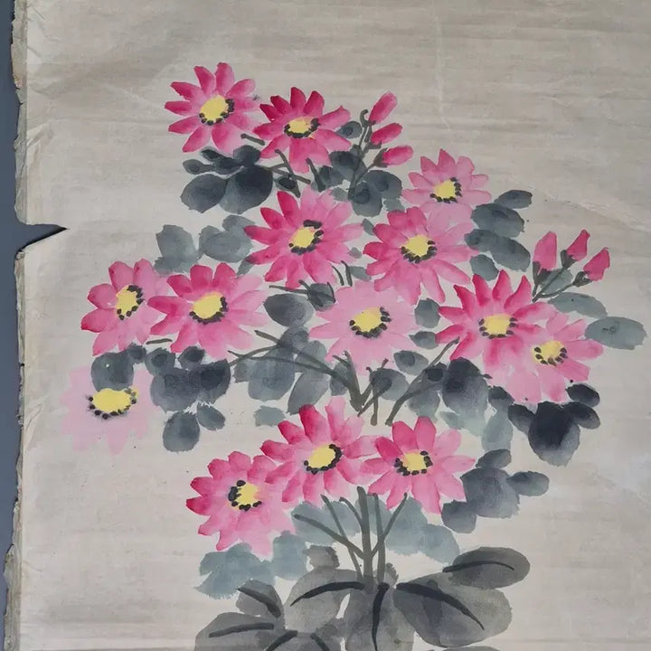 [BUNJANG] Wang Seol-do Pink Chrysanthemum Painting Antique Art / 왕선도 필 분홍 국화도 고화 그림 꽃그림 골동품 수집품 미술품