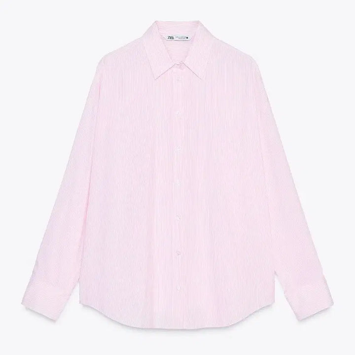 [BUNJANG] Zara Pink Oversized Striped Shirt / 자라 핑크 오버핏 스트라이프 줄무늬 셔츠 분홍 여리 기본템