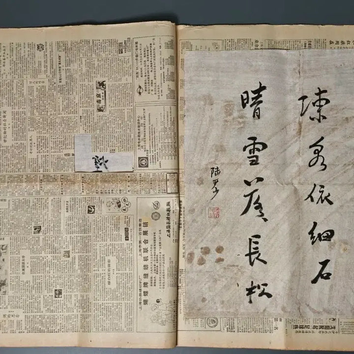 [BUNJANG] Collection of 5 Chinese Calligraphy Works by Renowned Masters (Qi Gong, Lu Yanshao, Tang Yun, Ouyang Zhongshi) / 오래된 신문 사이에 보관된 유명인들의 서예 작품 5점 일괄