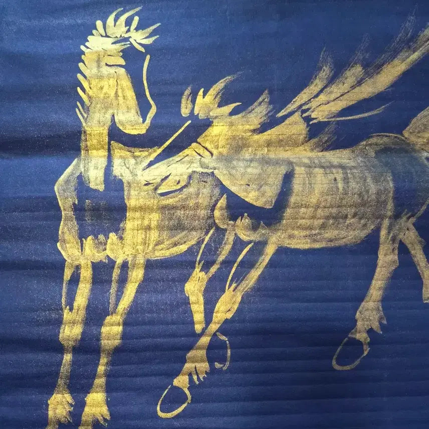 [BUNJANG] Xu Beihong (Seo Bi-hong) Twin Horse Painting, Republic of China Era, Gold Ink on Blue Paper, Antique Art / 민국 서비홍 쌍마도 준마도 말그림 금니 육필 고화 골동품 수집품