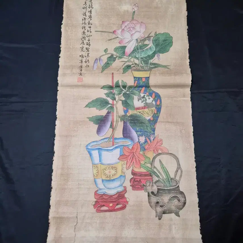 [BUNJANG] Qing Dynasty Court Painter Yu Sheng (余省) Attributed Floral and Object Painting / 청대 궁정화가 여성 화훼 기물도 채색 화폭 그림 고화 골동품 수집품